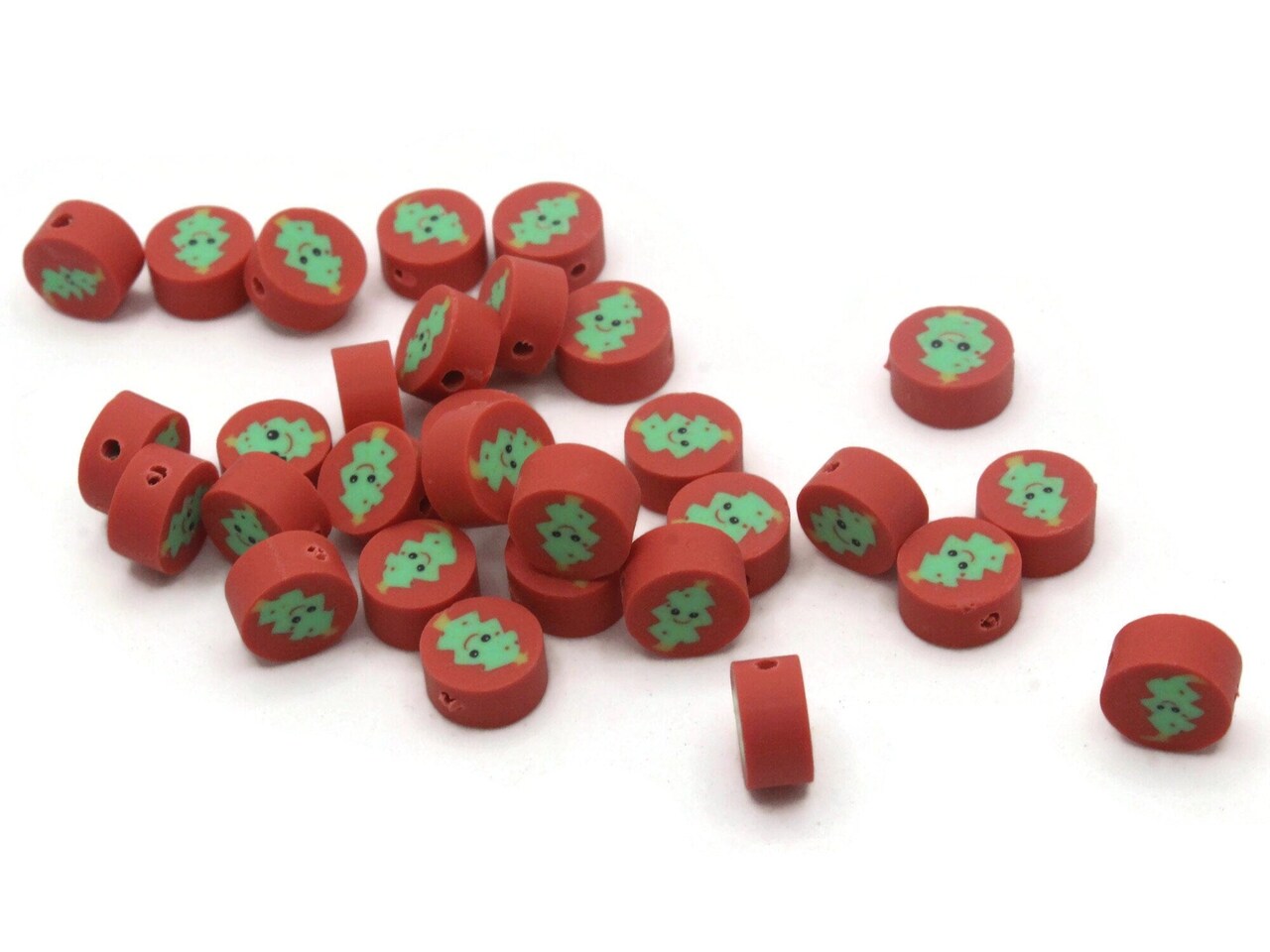 30 Christmas Tree Polymer Clay Green and Red Holiday Coin Beads